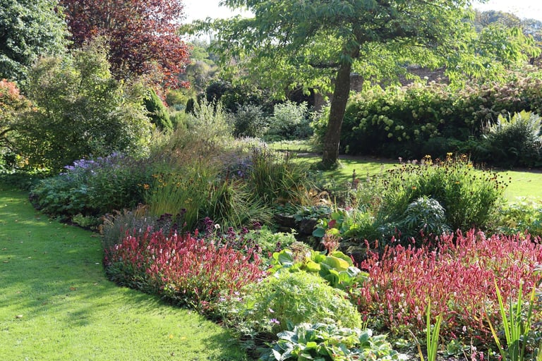 Spring landscaping with colorful flowers and fresh mulch