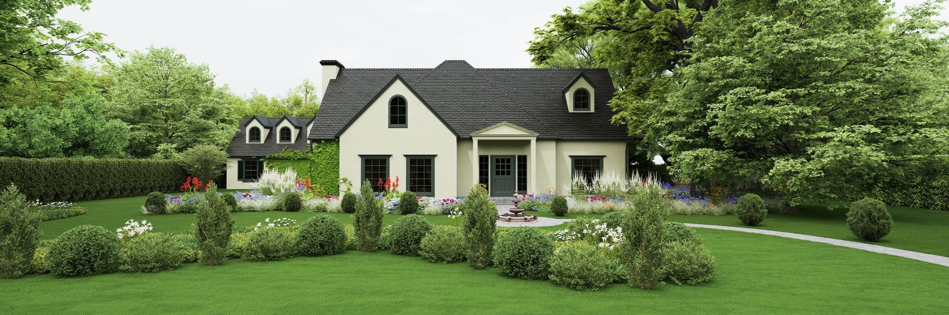 Luxury country house with manicured lawn, round bushes, winding path, colorful flowers and lush trees