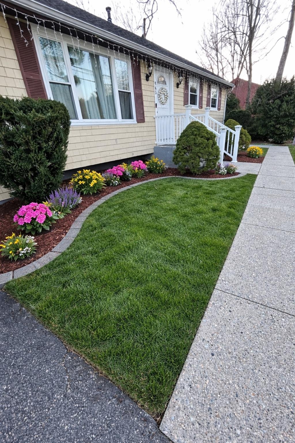 Suburban home with manicured lawn and colorful flower beds